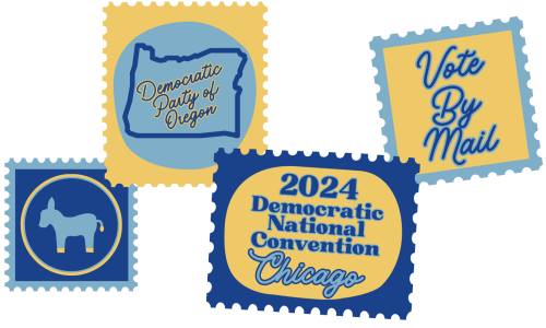 Decorative image featuring Democratic graphics shaped like postage stamps.